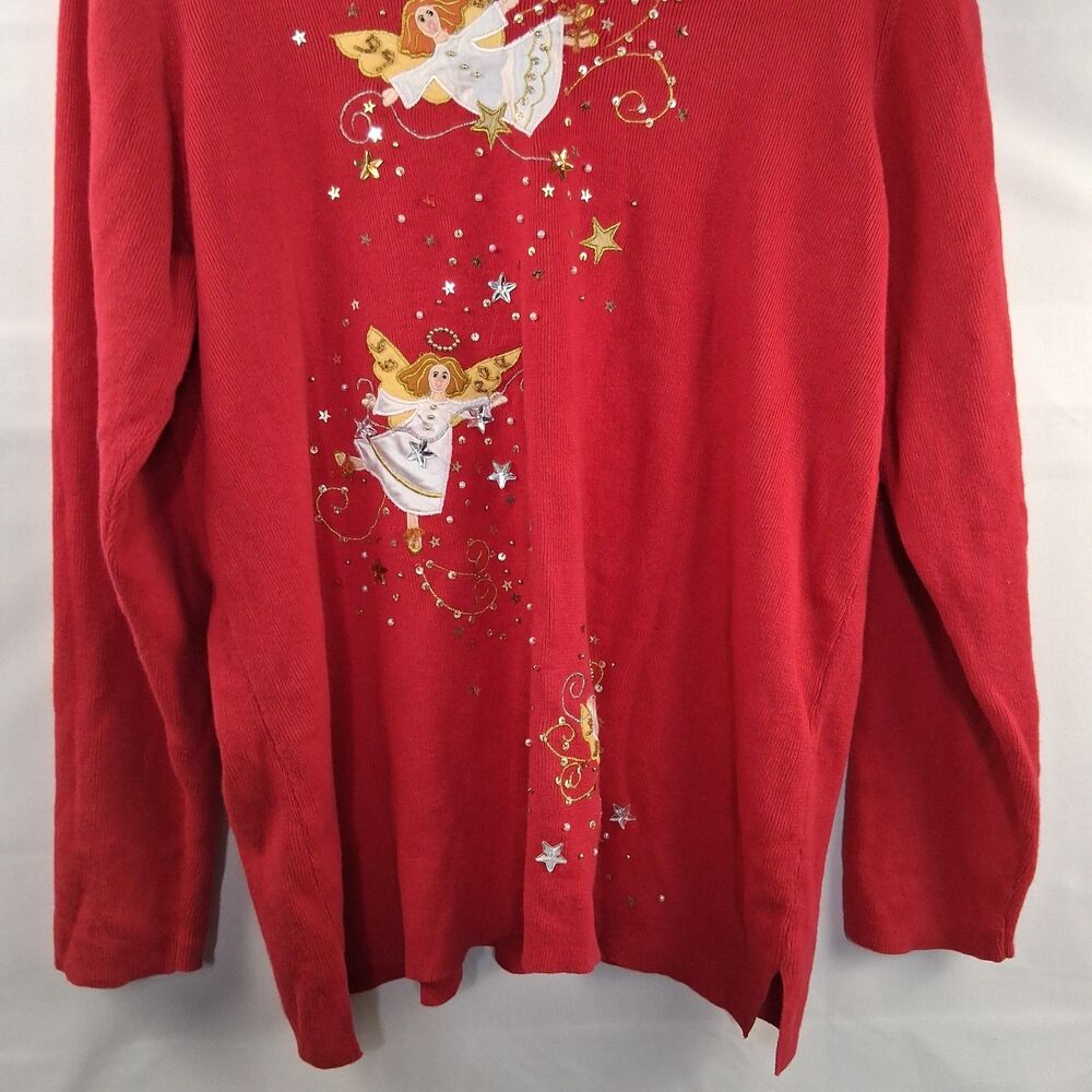 Quacker Factory Women's Red Angel Christmas Embellished V Neck Sweater Size L - Picture 3 of 11